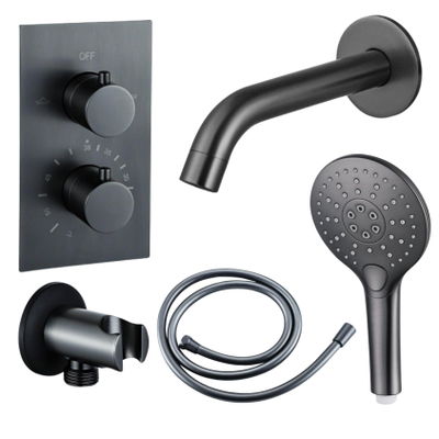 FugaFlow Eccelente Acces Badkraan set - uitloop - 22cm inkortbaar - gladde slang - ronde handdouche - inbouwdeel - wandhouder - geborsteld gunmetal PVD