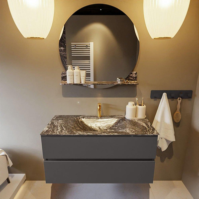 Mondiaz VICA-DLUX ensemble de meuble de salle de bain - 100cm - meuble sous-vasque gris foncé - 2 tiroirs - lavabo encastré cloud milieu - 1 trou de robinet - miroir modèle spot - version XL 60cm de haut - lave