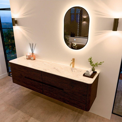 Mondiaz CIRO-DLUX Meuble de salle de bains - 180x45x50cm - Plan vasque solid surface Ostra - 1 lavabo à droite - 1 trou de robinetterie - 4 tiroirs - Noyer