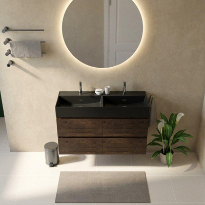 Saniclass Holz Pure Badkamermeubelset - 120x45x72cm - Legend keramische wastafel mat zwart - 2 wasbakken - 2 kraangaten - 4 lades - mat eiken charcoal (hout)