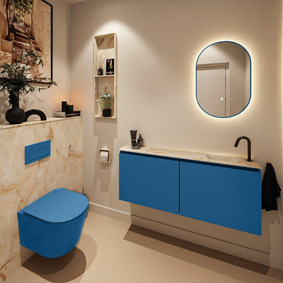 MONDIAZ TURE-DLUX Meuble toilette - 120cm - Jeans - EDEN - vasque Frappe - position droite - 1 trou de robinet