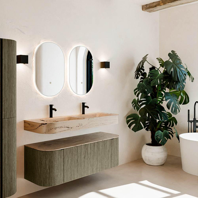 MONDIAZ THOR-DLUX 130cm meuble de salle de bains arrondi gauche + droite couleur Shadow avec 1 tiroir et 2 portes. Vasque suspendue CLOUD Double 2 trous de robinet couleur Arena.