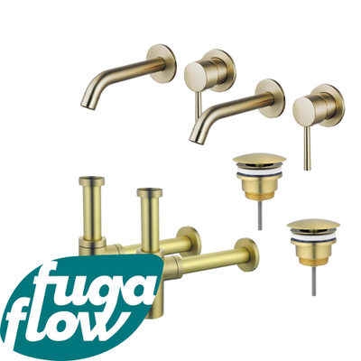 FugaFlow Eccelente Sobrado Badkamer Slim Wastafelkraanset - voor dubbele wastafel - inbouw wastafelkraan - always open plug - design sifon - PVD Geborsteld Messing