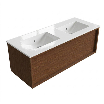 Saniclass Holz Frame Badkamermeubelset - 120x45x40cm - keramische wastafel wit - 2 wasbakken - zonder kraangaten - 1 lades - Walnut pure