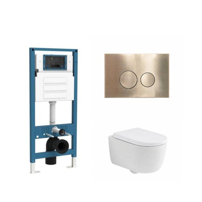 QeramiQ Dely Swirl Ensemble de toilette - réservoir encastré QeramiQ Flush - abattant 35mm - plaque de commande métal laiton brossé - boutons ronds - blanc mat