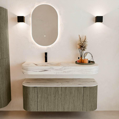 MONDIAZ THOR-DLUX 120cm meuble de salle de bains arrondi gauche + droite couleur Shadow avec 1 tiroir et 2 portes. Vasque suspendue CLOUD Gauche 1 trou de robinet couleur Nata.