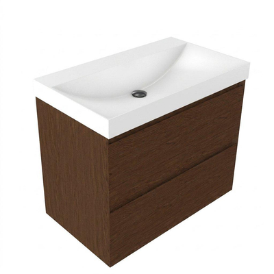 Saniclass Holz Pure Ensemble meuble de salle de bains - 80x45x67.5cm - Lavabo Wave en céramique - 1 vasque - sans trou de robinet - 2 tiroirs - walnut pure mat (bois)