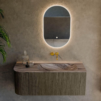 MONDIAZ KURVE-DLUX 115cm badmeubel ronding Links kleur Shadow met 1 lade en 1 deur. Wastafel BIG SMALL Rechts zonder kraangat Sombra.