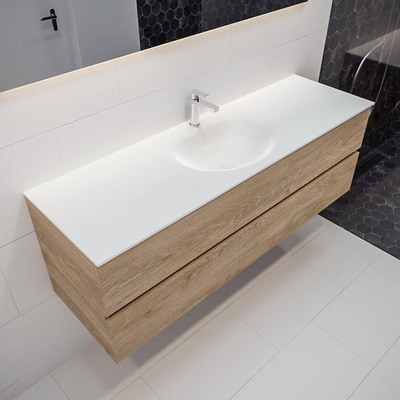 ENSEMBLE DE MEUBLE MONDIAZ VICA - 150 cm - 2 tiroirs - lavabo Moon central - 1 trou de robinet - solid surface chêne blanchi
