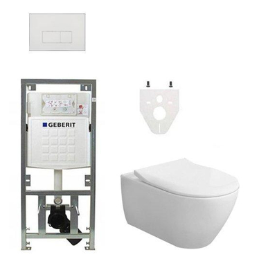 Ensemble de toilettes villeroy and boch directflush ceramicplus siège slimseat avec réservoir de chasse et plaque de commande geberit avec boutons rectangulaires blanc