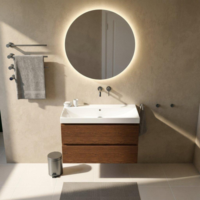 Saniclass Holz Pure Ensemble meuble de salle de bains - 100x45x67.5cm - lavabo Wave en céramique - 1 vasque - sans trou de robinet - 2 tiroirs - walnut pure mat (bois)
