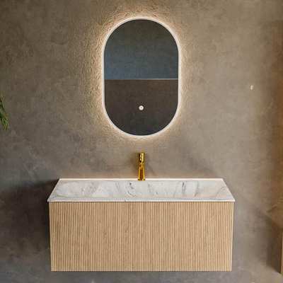 MONDIAZ KURVE-DLUX 100cm badmeubel kleur Oak met 1 lade. Wastafel BIG MEDIUM midden 1 kraangat kleur Glace.