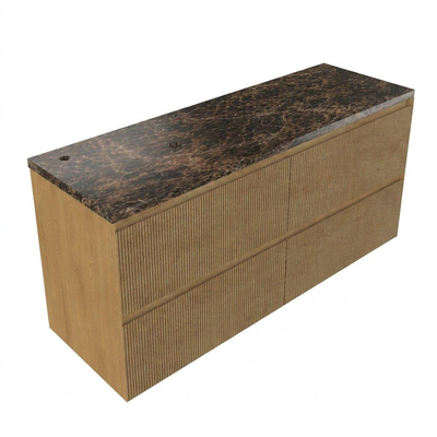 Saniclass Holz Atelier Ensemble de meuble de salle de bains - 140x45x63cm - Plan de travail en pierre naturelle Noche dark emperador - 2 trous de robinet - 4 tiroirs - chêne natural mat (bois)