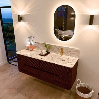 Mondiaz CIRO-DLUX Badkamermeubelset - 140x45x50cm - Solid surface wastafel Glace - 1 wasbak Rechts - 1 kraangat - 4 lades - Ruby