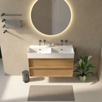 Saniclass Holz Frame Ensemble de meuble de salle de bains - 120x45x72cm - Legend lavabo en céramique blanc mat - 2 vasques - 2 trous de robinet - 2 tiroirs - chêne natural mat (bois)