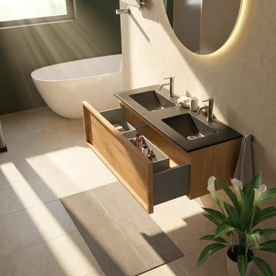 Saniclass Holz Frame Ensemble de meubles de salle de bains - 120x45x42cm - Lavabo en céramique Vygo noir - 2 vasques - 2 trous de robinetterie - 1 tiroir - chêne natural mat (bois)