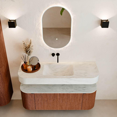 MONDIAZ THOR-DLUX 130cm meuble de salle de bains arrondi gauche + droite couleur Ruby avec 1 tiroir et 2 portes. Vasque suspendue CLOUD Milieu sans trou de robinet couleur Opalo.