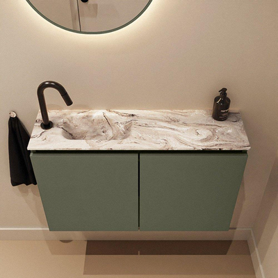MONDIAZ TURE-DLUX Meuble de toilettes 80 cm Army. Lavabo EDEN Glace position gauche. Avec 1 trou de robinet.