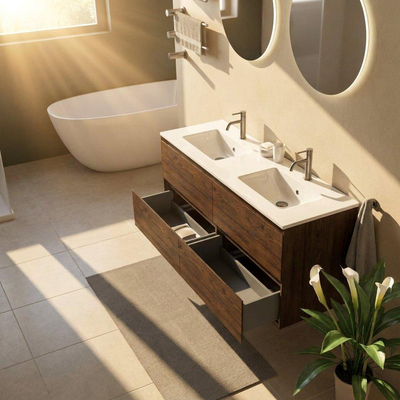 Saniclass Holz Pure Ensemble meuble de salle de bains - 140x45x62cm - Lavabo Vygo en céramique blanc - 2 vasques - 2 trous de robinet - 4 tiroirs - chêne charcoal brillant (bois)
