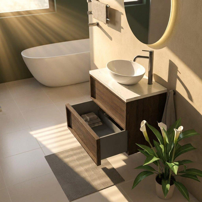 Saniclass Holz Frame Ensemble meuble de salle de bains - 80x45x63cm - Plan vasque en marbre Dia poli (blanc) - 1 trou de robinetterie - 2 tiroirs - chêne charcoal mat (bois)