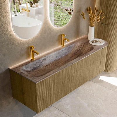 MONDIAZ KURVE-DLUX Meuble de salle de bains 145cm arrondi Droite couleur Dusk avec 1 tiroir et 1 porte. Lavabo BIG LARGE Gauche 2 trous de robinet Oza.