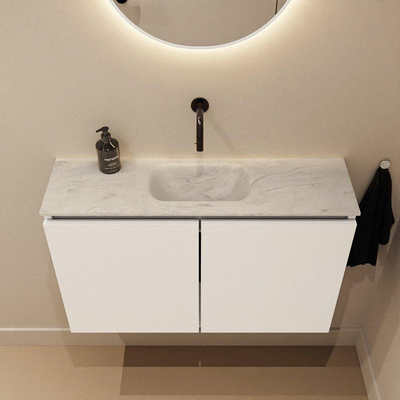 MONDIAZ TURE-DLUX Meuble toilette - 80cm - Talc - EDEN - vasque Opalo - position centrale - sans trou de robinet