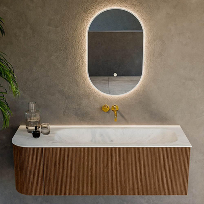 MONDIAZ KURVE-DLUX 135cm Meuble salle de bain avec module 25 G - couleur Walnut - 1 tiroir - 1 porte - vasque BIG MEDIUM droite - sans trou de robinet - couleur Opalo