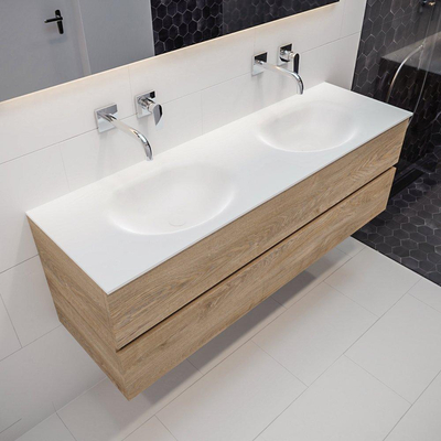 MONDIAZ VICA Ensemble de meuble salle de bain - 150cm - 2 tiroirs - lavabo Moon double - 0 trou de robinet - solid surface chêne blanchi