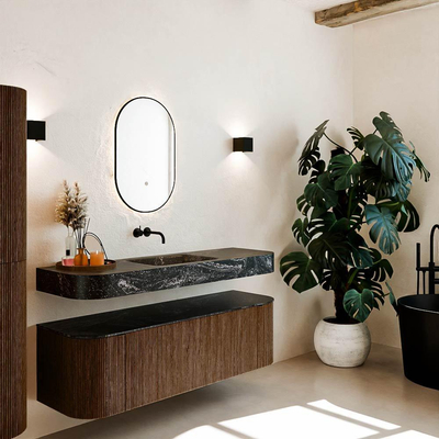 MONDIAZ THOR-DLUX 150cm badmeubel ronding links + rechts kleur Walnut met 1 lade en 2 deuren. Vrijhangende wastafel CLOUD Midden zonder kraangat kleur Lava.
