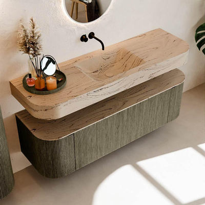 MONDIAZ THOR-DLUX 150cm meuble de salle de bains arrondi gauche + droite couleur Shadow avec 1 tiroir et 2 portes. Vasque suspendue CLOUD Milieu sans trou de robinet couleur Arena.