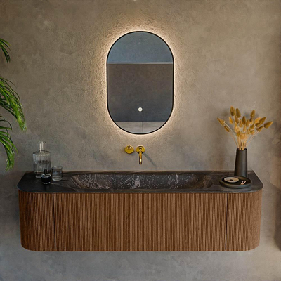 MONDIAZ KURVE-DLUX 160cm Meuble salle de bain avec module 25 G et D - couleur Walnut - 1 tiroir - 2 portes - vasque BIG MEDIUM centre - sans trou de robinet - couleur Lava