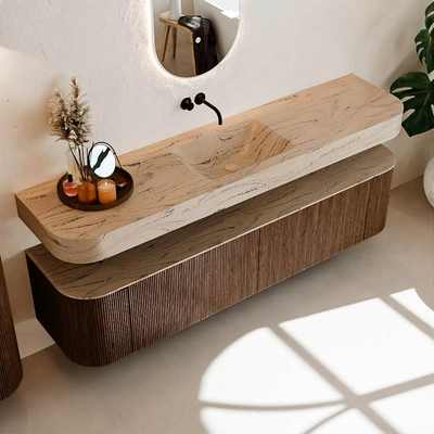 MONDIAZ THOR-DLUX 190cm meuble de salle de bains arrondi gauche + droite couleur Walnut avec 2 tiroirs et 2 portes. Vasque suspendue CLOUD Milieu sans trou de robinet couleur Arena.