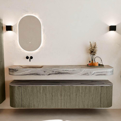 MONDIAZ THOR-DLUX Meuble de salle de bains 190cm arrondi gauche + droite couleur Shadow avec 2 tiroirs et 2 portes. Vasque suspendue CLOUD Gauche sans trou de robinet couleur Sombra.