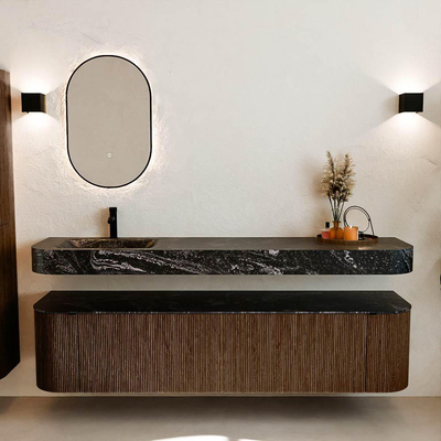 MONDIAZ THOR-DLUX 190cm badmeubel ronding links + rechts kleur Walnut met 2 lades en 2 deuren. Vrijhangende wastafel CLOUD Links 1 kraangat kleur Lava.