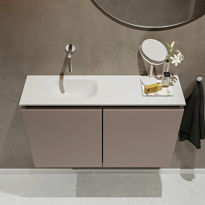 MONDIAZ TURE Toiletmeubel 80x23x50cm met 0 kraangaten 2 deuren smoke mat Wastafel Eden links Solid Surface Wit