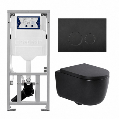 QeramiQ Dely Swirl Ensemble WC- 36.3x51.7cm - Réservoir encastré Geberit UP320 - Abattant de 35mm d'épaisseur - Plaque de commande en noir mat - Boutons ronds - Noir mat