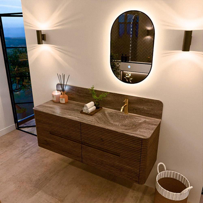 Mondiaz CIRO-DLUX Meuble de salle de bains avec lavabo - 140x45x50cm - Plan vasque solid surface Oza - 1 vasque à droite - 1 trou de robinet - 4 tiroirs - Dusk