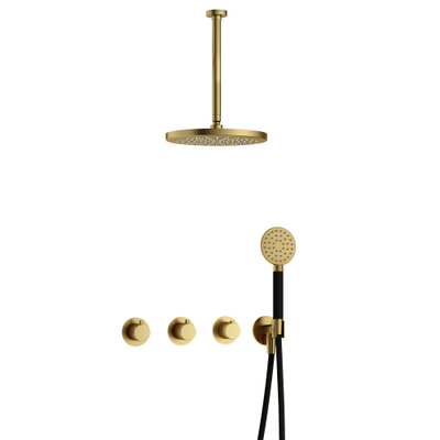 Hotbath Cobber IBS70 Regendoucheset - inbouw - 30cm plafondarm - 30cm ronde hoofddouche - 3 standen handdouche - PVD - geborsteld messing (goud)