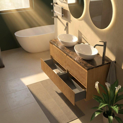 Saniclass Holz Atelier Ensemble de meuble de salle de bains - 140x45x63cm - Plan de travail en pierre naturelle Noche dark emperador - 2 trous de robinet - 4 tiroirs - chêne natural mat (bois)