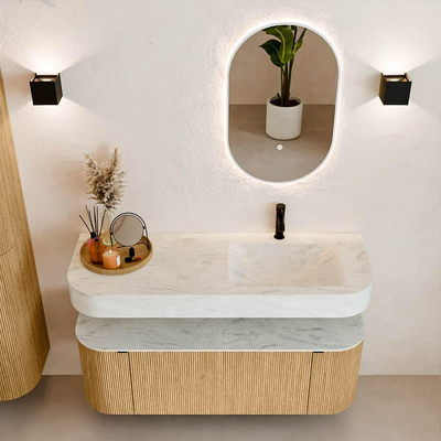 MONDIAZ THOR-DLUX 130cm meuble de salle de bains arrondi gauche + droite couleur Oak avec 1 tiroir et 2 portes. Vasque suspendue CLOUD Droite 1 trou de robinet couleur Opalo.