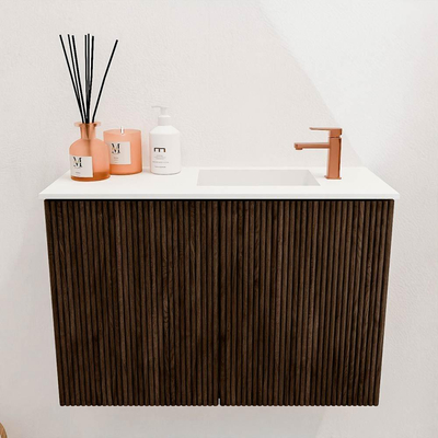 Mondiaz JOYA 60cm toiletmeubel - kleur Walnut - Wastafel FAYE positie Rechts 1 kraangat kleur Talc.