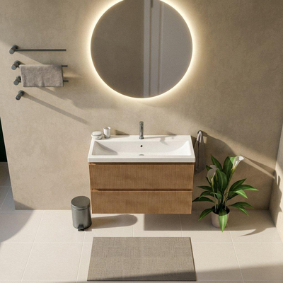 Saniclass Holz Atelier Ensemble de meubles de salle de bains - 100x45x63.5cm - Lavabo Bari en céramique blanc - 1 vasque - 1 trou de robinet - 2 tiroirs - chêne natural mat (bois)