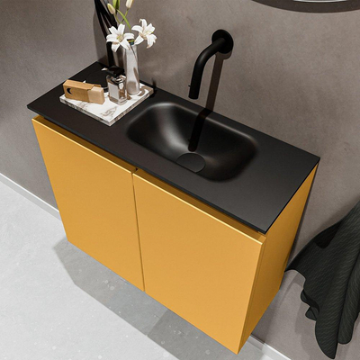 MONDIAZ TURE Toiletmeubel 60x23x50cm met 0 kraangaten 2 deuren ocher mat Wastafel Eden rechts Solid Surface Zwart