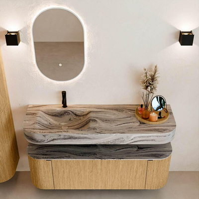 MONDIAZ THOR-DLUX 140cm badmeubel ronding links + rechts kleur Oak met 1 lade en 2 deuren. Vrijhangende wastafel CLOUD Links 1 kraangat kleur Sombra.