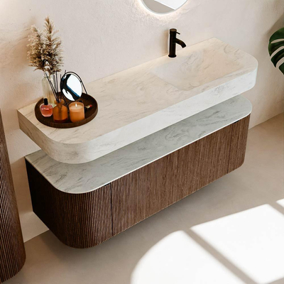 MONDIAZ THOR-DLUX 140cm meuble de salle de bains arrondi gauche + droite couleur Walnut avec 1 tiroir et 2 portes. Vasque suspendue CLOUD Droite 1 trou de robinet couleur Opalo.