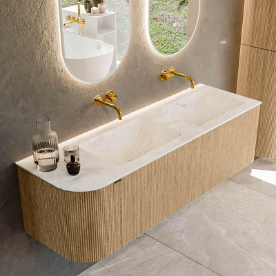 MONDIAZ KURVE-DLUX Meuble de salle de bains 145 cm avec module 25 L couleur Oak avec 1 tiroir et 1 porte. Lavabo LEAF double / à droite sans trou de robinet couleur Ostra.