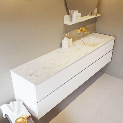 MONDIAZ VICA-DLUX Ensemble meuble de salle de bains - 200cm - sous-meuble talc - 4 tiroirs - lavabo encastré cloud à droite - sans trous de robinet - version haute 60cm - opalo