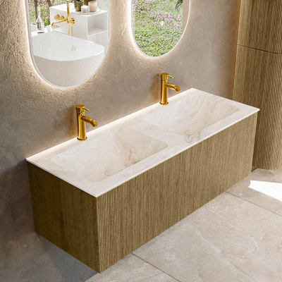 Mondiaz KURVE-DLUX Badkamermeubelset - 120x46x40cm - 1 lade - wastafel solid surface - dubbel - 2 kraangaten - Dusk