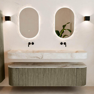 MONDIAZ THOR-DLUX 170cm meuble de salle de bains arrondi gauche + droite couleur Shadow avec 1 tiroir et 2 portes. Vasque suspendue CLOUD Double sans trou de robinet couleur Frappe.