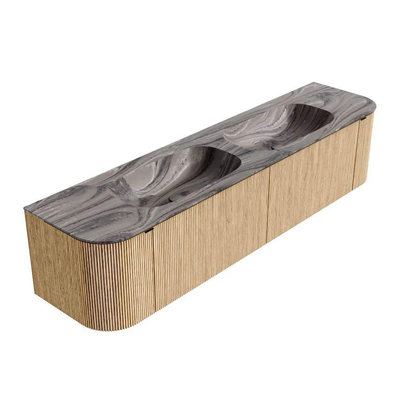 MONDIAZ KURVE-DLUX 190cm badmeubel ronding Links + Rechts kleur Oak met 2 lades en 2 deuren. Wastafel STOR SMALL Dubbel 2 kraangaten Sombra.